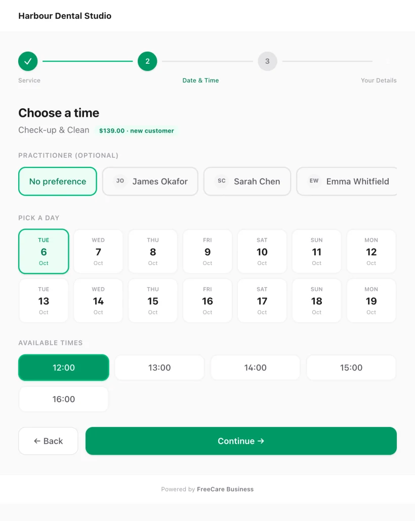 Patient booking page — choose a service, practitioner and time