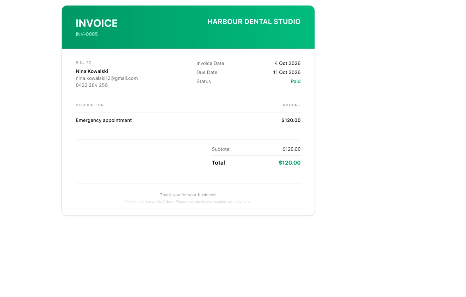 Invoice built from the practice price list with payment tracked to paid